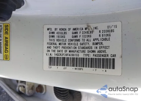 2015 Honda Accord Lx из США, поврежденный, VIN 1HGCR2F36FA096155